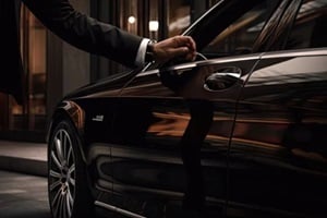 a chauffeur gets out his car for a passenger