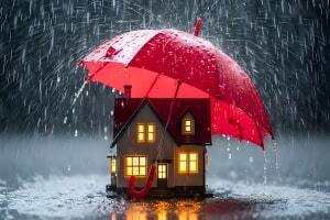 An Umbrella Covering Home in Heavy Rain Representing Security During Storms