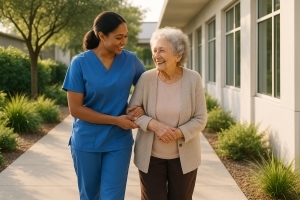 Assisted Living Caregiver Assisting Senior Woman Walking Outdoors