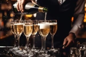 bartender pouring champagne into glasses at bar counter