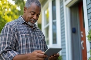 black homeowner using tablet outside the home