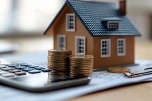 calculator, a toy house, and coins representing homeownership expenses