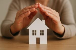 Hands Covering Paper House Model Symbolizing Home Insurance Coverage