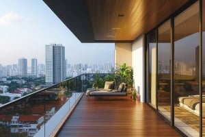 wood floorings of a high rise apartment overlooking the city