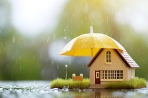 home insurance and protection, featuring a family house secured under an umbrella