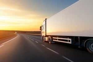 large truck drives on a highway at sunset