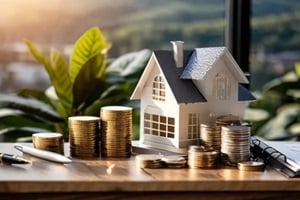 property tax investment planning business real estate view of coin stack with house model mortgage loading real estate property with loan money bank concept home sales and home insurance