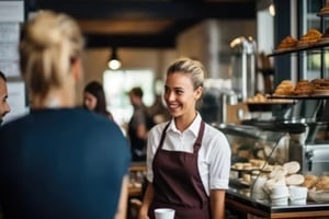 smiling young cafe employee in an apron serves customers and talks to them about coffee