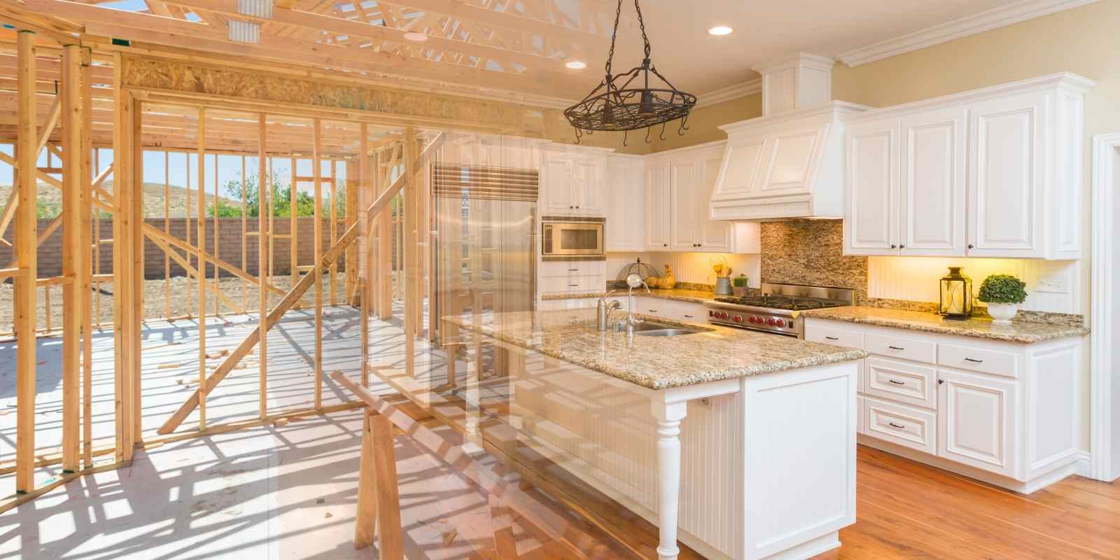 Overlay of a kitchen during and after renovations