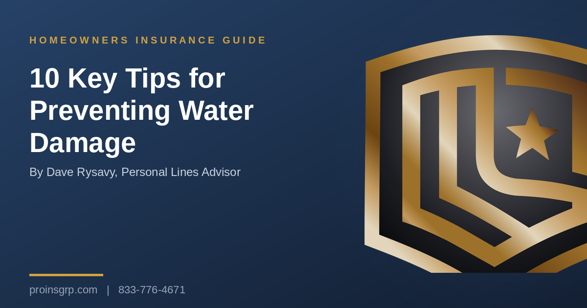 Navy and gold Pro Insurance Group graphic with the shield logo and the headline 10 Key Tips for Preventing Water Damage, by Dave Rysavy, Personal Lines Advisor
