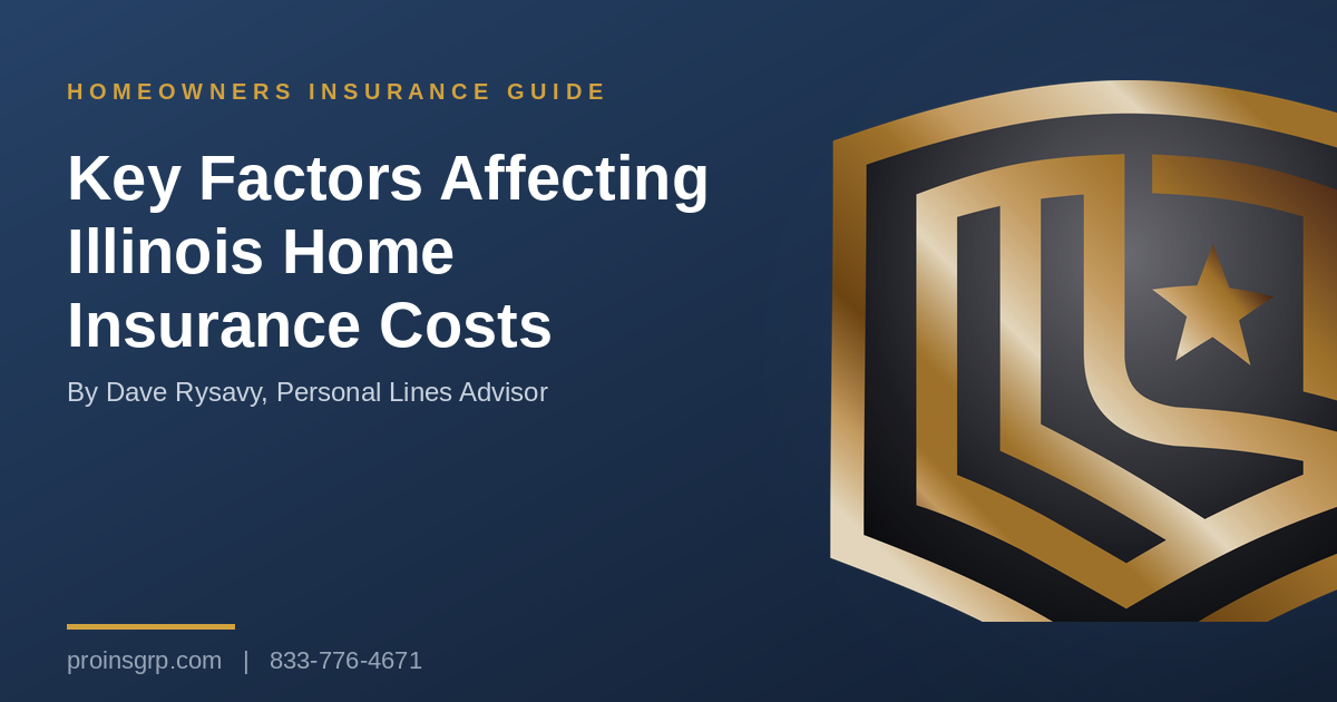 Navy and gold Pro Insurance Group graphic with the shield logo and the headline Key Factors Affecting Illinois Home Insurance Costs, by Dave Rysavy, Personal Lines Advisor