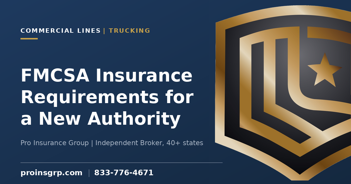Navy and gold Pro Insurance Group branded graphic with the shield logo and the headline FMCSA Insurance Requirements for a New Authority