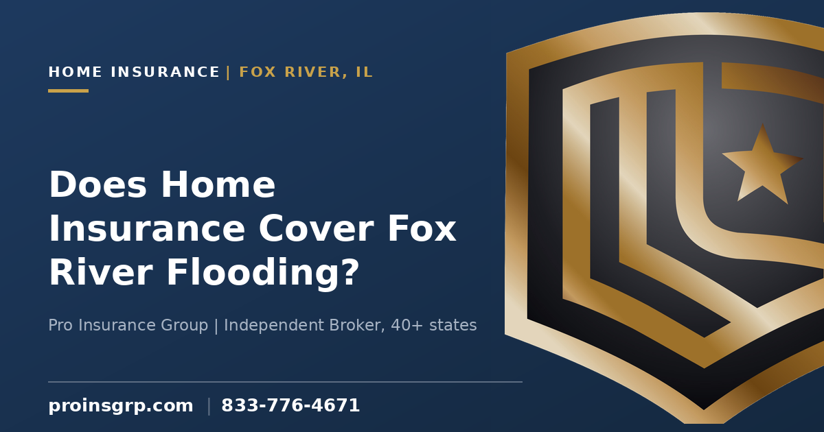 Navy and gold Pro Insurance Group branded graphic with the shield logo and the headline Does Home Insurance Cover Fox River Flooding?