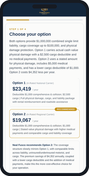 Phone showing the Pro Insurance Group Pro Hub proposal walkthrough with two carrier options compared side by side