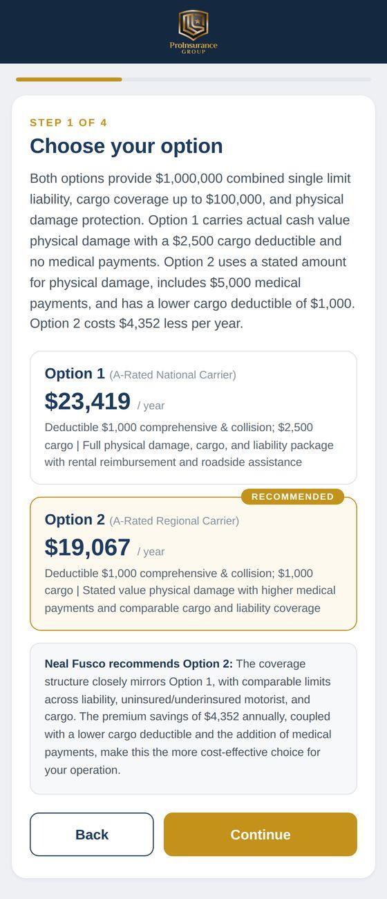 Pro Hub Step 1 showing two carrier options side by side with prices, deductibles, and a gold Recommended badge