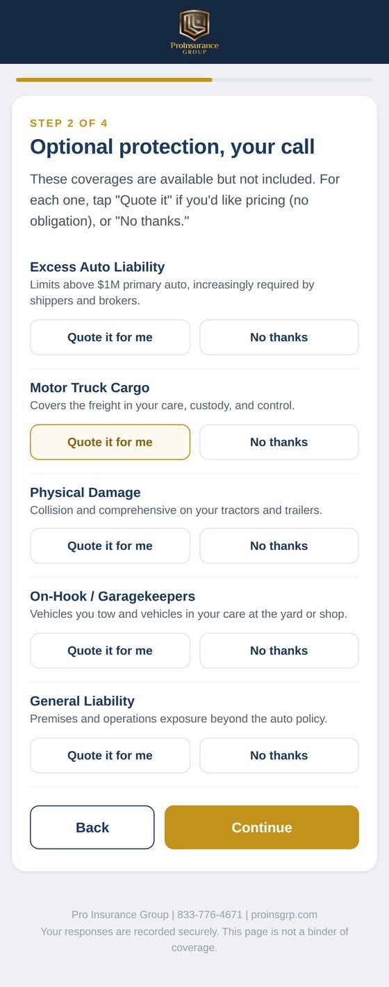 Pro Hub Step 2 listing optional coverages explained in one plain-English sentence each with Quote it for me and No thanks buttons