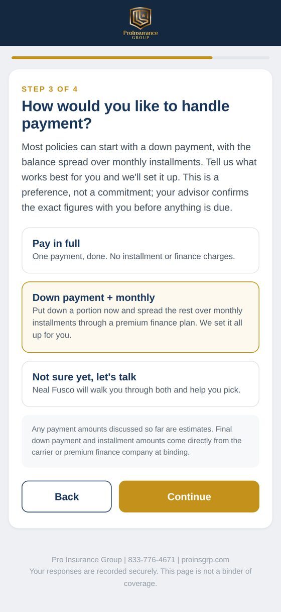 Pro Hub Step 3 payment preference screen with pay in full, down payment plus monthly, and not sure yet options
